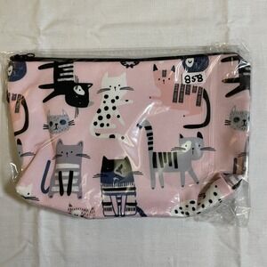 The Pouch Cosmetic Bag Women Small Pink NWT Cat Print Zipper Travel Pouch 8x5